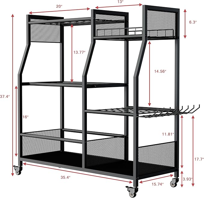 HOTEAGLE Garden Tool Organizer for Garage with 35.4” Width(High Stability), Outdoor Metal Utility Rolling Carts with Mute Wheels & 18.5mm Thick Rods, Easy to Clean, Black