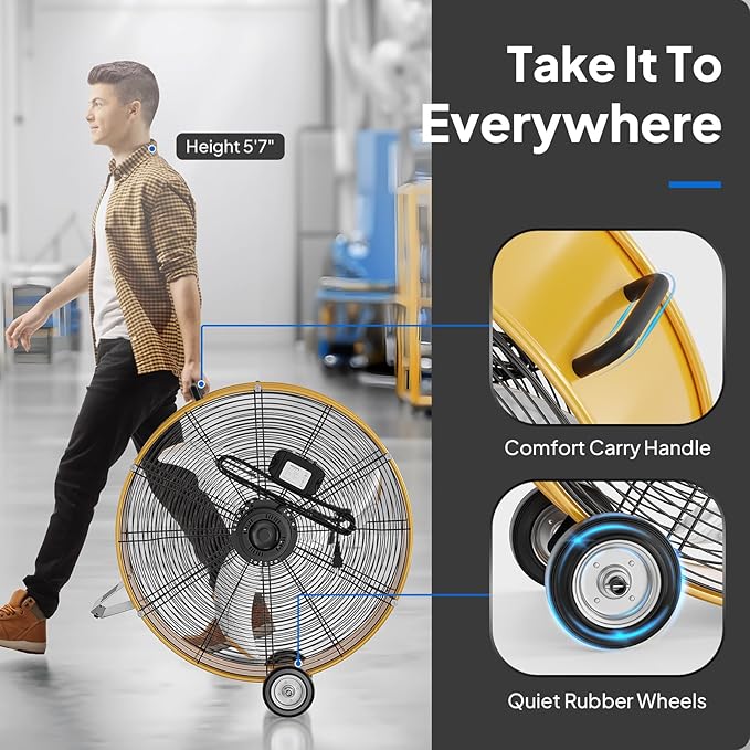 ROVSUN 24 Inch High Velocity Drum Fan, 9500CFM Industrial Metal Floor Fan with Handle, Heavy Duty, 3-Speed, Air Circulator for Shop, Garage, Gym, Barn, Commercial, UL Listed, Yellow