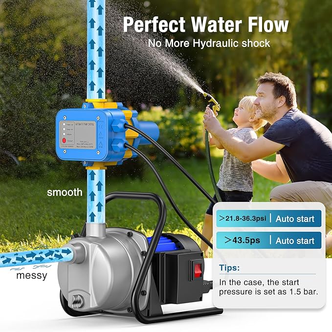 Smart Pressure Switch for Well Pump, Automatic Water Pumps Switch, Dry-running Protection for Submersible/Shallow Well/Garden/Jet/Self-priming Pump, Power&Pump Cable Included, 110V-120V