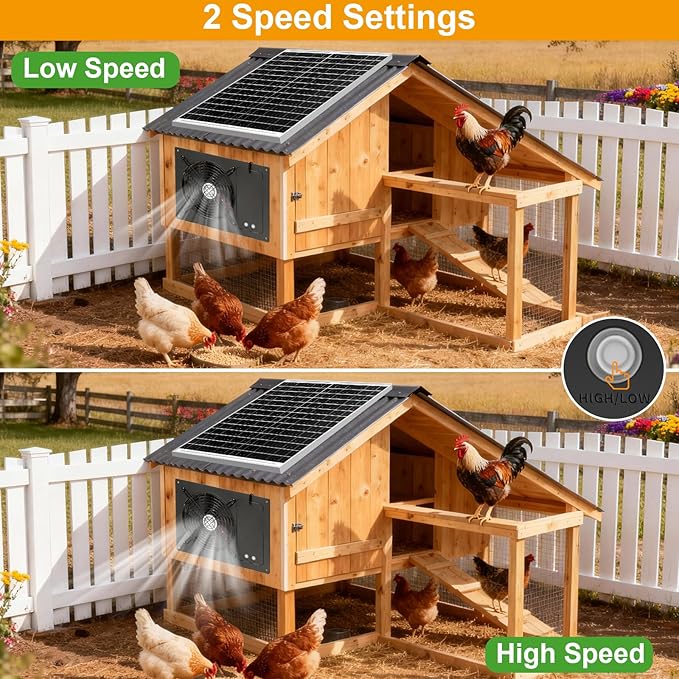 25W Solar Exhausted Fan with Battery, 2 Wind Speed, IP65 Waterproof 7.1" Solar Powered Ventilation Fan for Chicken Coop, Greenhouse, Shed and Dog House (16.4FT Cord)
