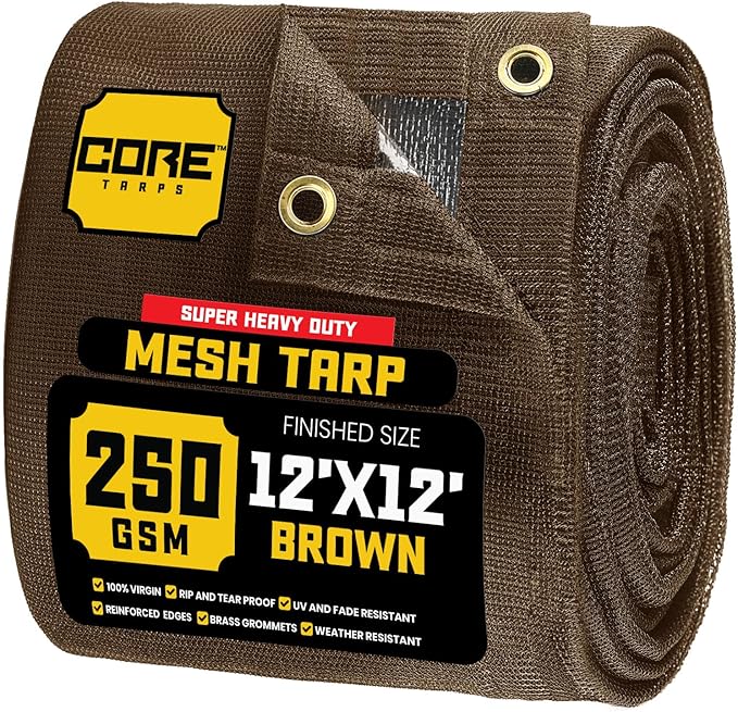 Core Tarps 60% Brown Shade Cloth with Grommets - 12 X 12 FT Heavy Duty Mesh Tarp - Sun Shade Cloth for Garden Vegetables Plants Greenhouse Outdoors Backyard Fences Dump Trucks Patio Mesh Shade Tarp