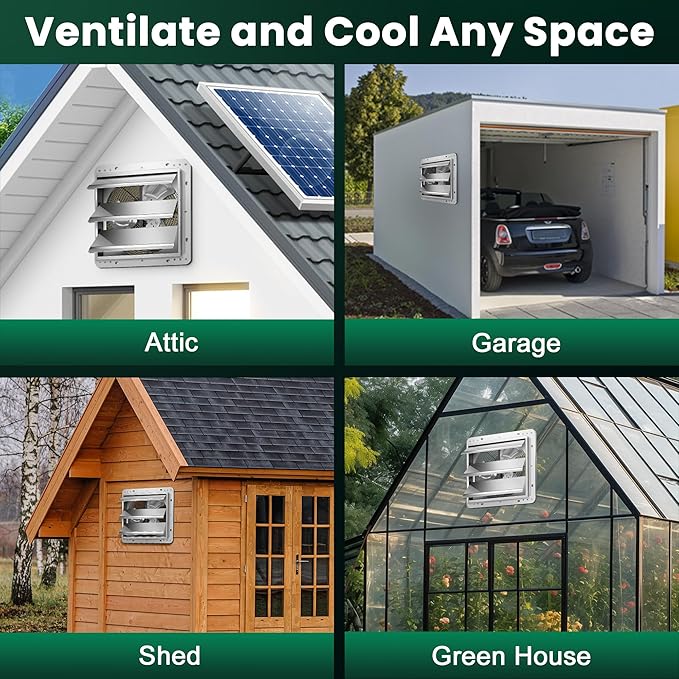 10" Solar Exhaust Fan for Greenhouse with Battery and Adjustable Thermostat, Attic Fans for Garage and Shed with 2PCS 15W Bifacial Solar Panels