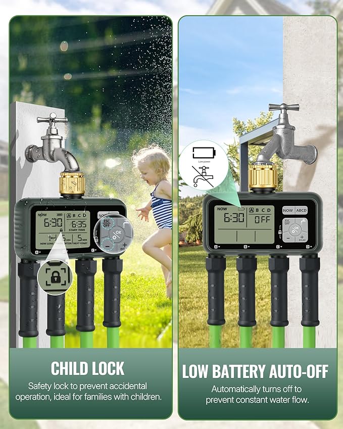 4 Zone Brass Sprinkler Timer, Garden Hose Timer, Automatic Irrigation System, Programmable Faucet, 4 Outlets, with Rain Delay, Manual Mode,Child Lock, for Yard, Garden, Lawn, Green E14WT06