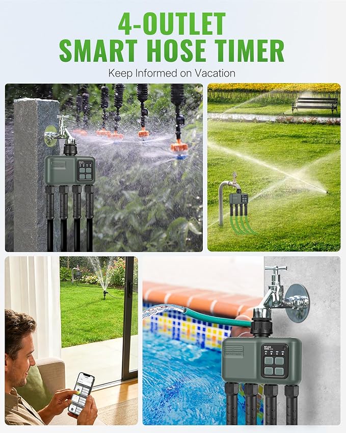 WiFi Water Timer for Garden Hose, Sprinkler Timer 4 Zone, Smart Hose Water with WiFi Irrigation Controller,Voice Control RF433 Automatic Irrigation System/Rain Delay/Manual Watering D34WT06