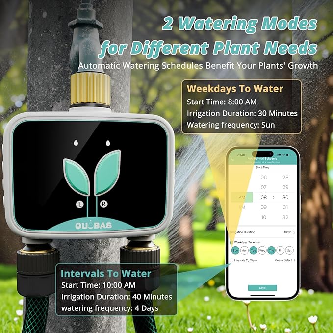 QUOBAS Smart WiFi Water Timer for Garden Hose, 2 Zone Brass Sprinkler Timer with App Control & Rain Delay/Auto/Manual 3 Modes for Drip Irrigation, Pool & Lawn, Battery Powered, 2.4GHz WiFi Only