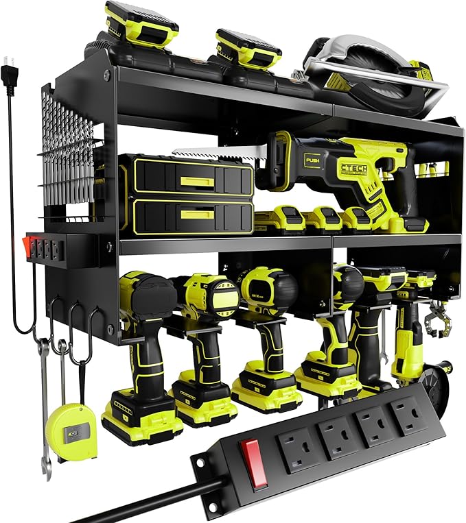 Spampur Power Tool Organizer Wall Mount with Charging Station, 3 Layer Heavy Duty Metal Tool Storage Rack Loads 420lbs with 6 Cordless Drill Holder, Idea Gifts for Men, Garage Workshop