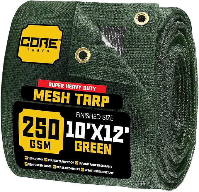 Core Tarps 60% Green Shade Cloth with Grommets - 10 X 12 FT Heavy Duty Mesh Tarp - Sun Shade Cloth for Garden Vegetables Plants Greenhouse Outdoors Backyard Fences Dump Trucks Patio Mesh Shade Tarp