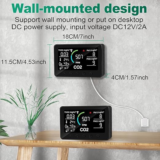 12 in 1 Air Quality Monitor Indoor, with WiFi and APP,Air Quality Tester for Home,Air Quality Meters for CO2,TVOC,PM1.0,PM2.5,AQI,Temperature and Humidity,Detector for Home,Office (Black)