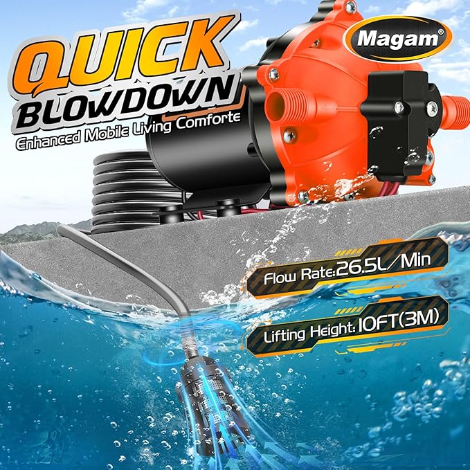12V Washdown Pump Kit with 7.5 GPM & 80 PSI,RV Fresh Water Pump,Five Chamber Self-Priming Diaphragm Pump with Heavy Duty Pressure Switch,Nozzle & Filter – Ideal for Boats, RVs, Yachts & Campers