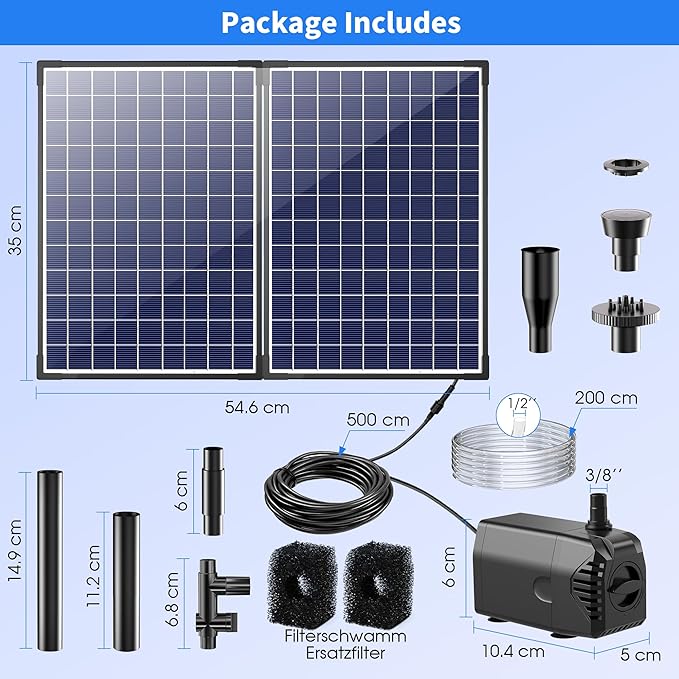 Biling 35W Solar Fountain Pump, 450GPH Submersible Solar Pond Pump with Dry Run Protection & Dual Filtration, Up to 10.8ft Lift, 16.4ft Cable, 4 Nozzles & Tubing for Pond Fountain, Water Features