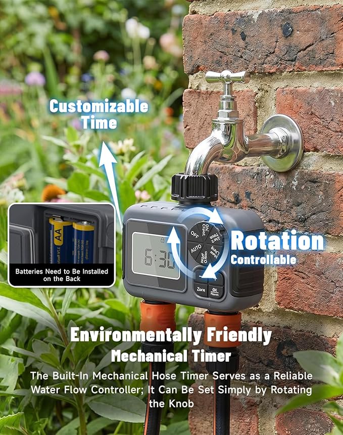 16-Nozzle Oscillating Sprinkler with Dual-Zone Sprinkler Water Timer, Heavy Duty Automatic Lawn Garden Irrigation System, Adjustable Spray Range & Width for Large Area Grass (with Dual-Zone Timer)
