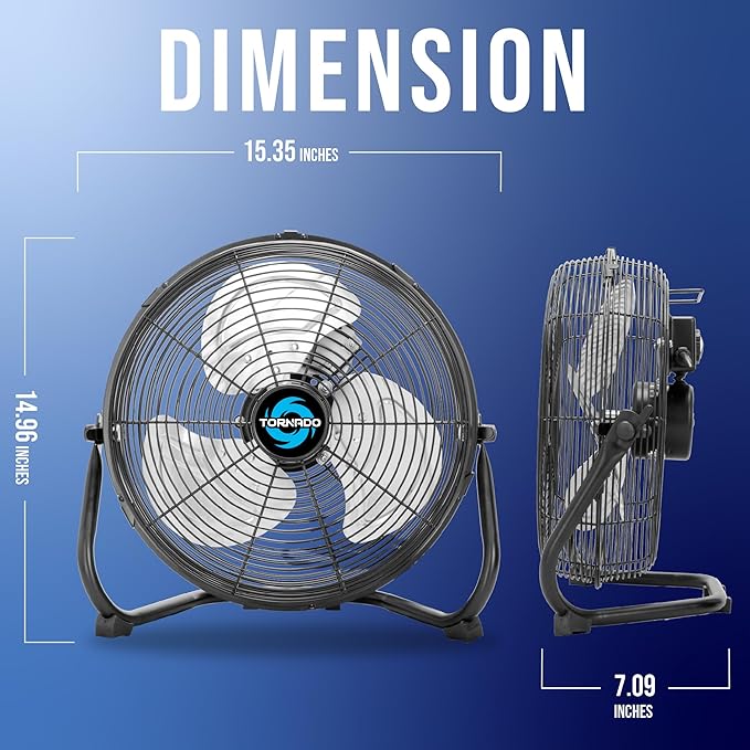 Tornado 12 Inch Industrial Powerful Metal Floor Fan, 3-Speed High Velocity Cooling Floor Fan for Industrial, Commercial, and Home Spaces, 120°Tilt, 6.0 FT Cord, Black