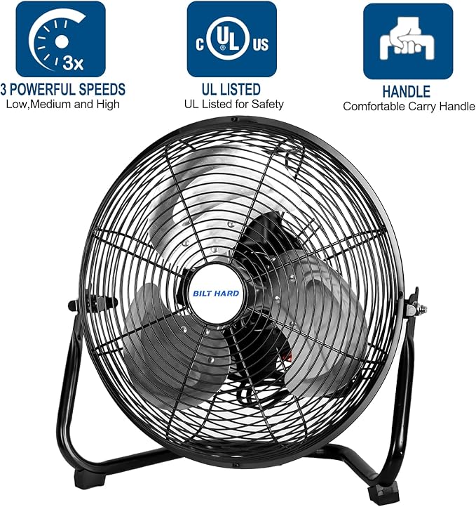 BILT HARD 12" 3-Speed High Velocity Heavy Duty Metal Floor Fan, 1680 CFM, 180-Degree Tilt, Powerful Airflow Fan for Home, Bedroom, Residential Use