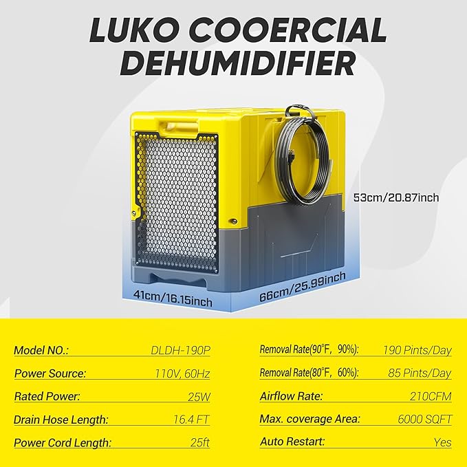 190Pints Commercial Dehumidifier for Basements with Pump Drain Hose, LGR Dehumidifiers with Wheels, Crawl Space Dehumidifier for Basement, Warehouse and Garages Up to 6000Sq, Yellow-2026 Upgraded-2PC