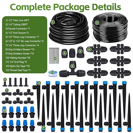 240FT Drip Irrigation System Kits, Quick Connect Automatic Garden Watering System for Raised Bed, Potted Plants, Lawn, Greenhouse with 1/2 inch Hose 1/4 inch Tubing and Accessories