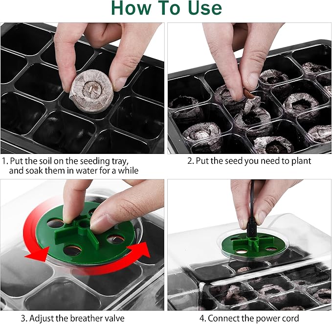 Hahood 6 Pack Seed Starter Tray Kit with Grow Light and Humidity Dome Germination Trays with 72 Peat Pellets, Plant Labels, Gardening Tools, Plant Growing Trays for Seeds Growing Starting, Black