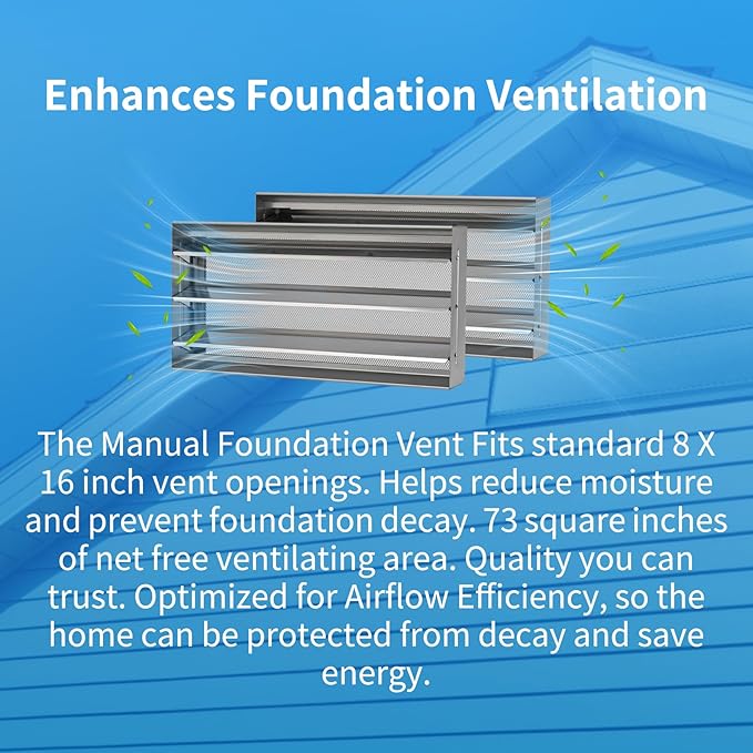 8" x 16" Manual Foundation Vent with Adjustable Louvers for Ventilating Crawl Space Replacement Air Vent for Block & Brick Construction, Aluminum, 73 sq. in. Net Free Vent Area