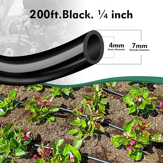 Bluepro 200FT 1/4 inch Drip Irrigation Tubing Blank Distribution Garden Watering Tube Line for Drip Irrigation Parts and Drip Systems, Black