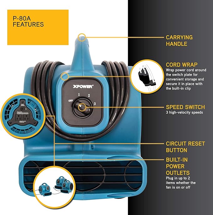 XPOWER P-80A Mini Mighty 138 W 600 CFM Centrifugal Air Mover, Carpet Dryer, Floor Fan, Blower, Stackable, Daisy Chain, for Water Damage Restoration, Janitorial, Plumbing, Home Use