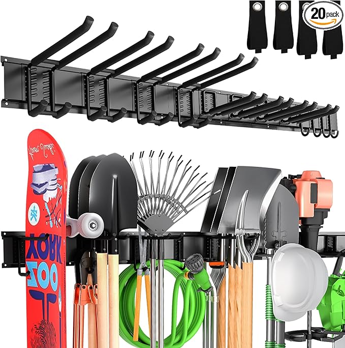 66" Garage Tool Organizer Wall Mount,20 PCS Garage Organization and Storage System Carries 720lbs, Heavy Duty Wall Rack for Garden & Shed Tools, Fits 16" Wall Studs(4 Panels)