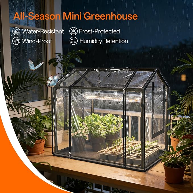 Bstrip Indoor Greenhouse with Grow Light, Mini EVA Tent with PET Base Mat, Ventilation Windows & Zippered Door, 18W Tabletop Greenhouse Light for Seed Starting with Timer, 23.8" x 15.7" x 20.5"