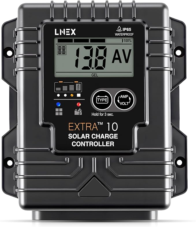 LNEX Solar Charge Controller Waterproof, 10A Solar Panel Regulator with Temp Sensor,Backlit LCD, 12V/24V PWM Solar Controller for LiFePO4,AGM, Gel, Flooded and Lithium Battery