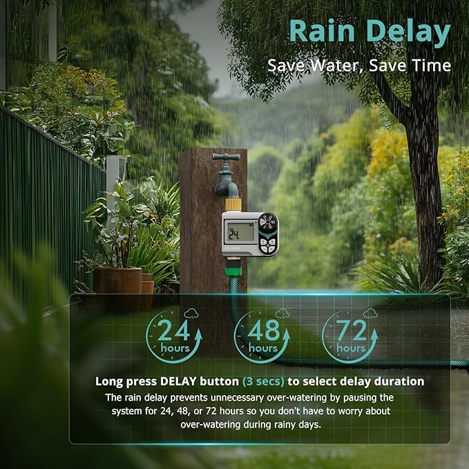 QUOBAS Zero Pressure Water Timer, Programmable Sprinkler Timer for Garden Hose Faucet with Brass Ports, Rain Delay/Manual/Automatic Irrigation System, Low Pressure Watering Compatible Rain Barrel
