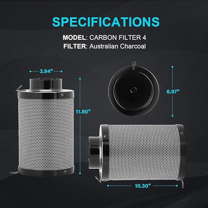 iPower 4 Inch 195 CFM Inline Ventilation Fan Quiet Vent Blower Carbon Filter with Prefilter, 8 feet Aluminum Ducting for Grow Tent Air Circulation