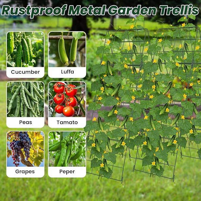 Adjustable A-Frame Trellis for Climbing Plants Outdoor, 48"x32" Cucumber Trellis for Raised Bed, Metal Garden Trellis with Grid Design, Tomato, Grape, Bean, Pea, Squash, Vegetable Trellis (Green)