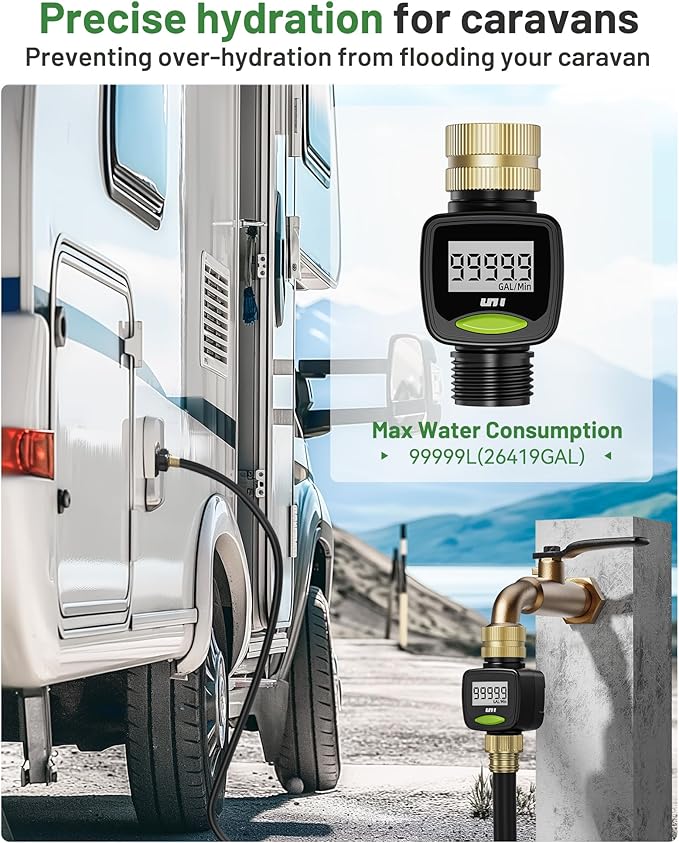 Unistyle Water Flow Meter with Brass Inlet Metal Thread, ±5% Measure Accuracy, RV Water Tank Filling, Measure Gallon/Liter Flow Rate Outdoor Garden Hose Watering, Lawn Sprinkler Nozzle Sprayer 2 Pack