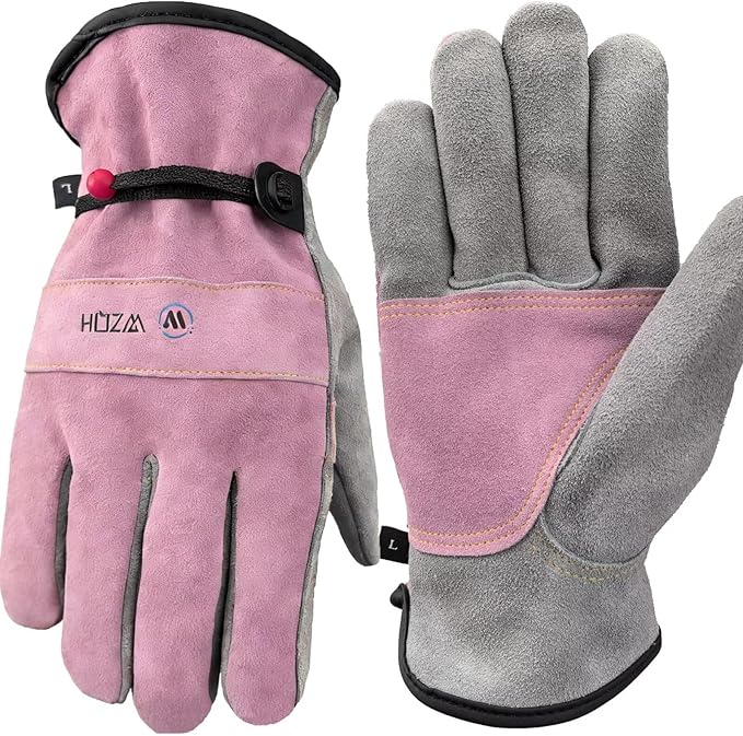 WZQH Leather Work Gloves for Men or Women. Large Glove for Gardening, Tig/Mig Welding, Construction, Chainsaw, Farm, Ranch, etc. Cowhide, Cotton Lined, Utility, Firm Grip, Durable. Pink-Grey L