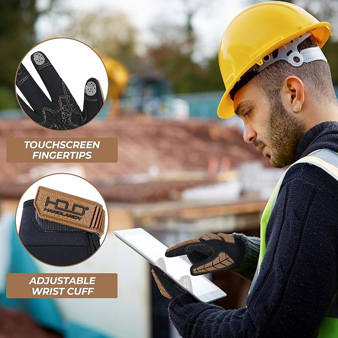 HANDLANDY HLDD Heavy Duty Work Gloves, TPR Protector Impact Gloves, Men Anti Vibration Mechanic Work Glove TouchScreen