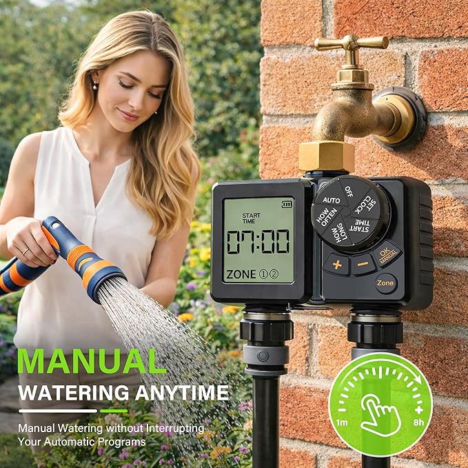 MIXC Rechargeable 2-Zone Water Timer, Full-Body IPX6 Sprinkler Timer - Over One Year Runtime - Save Water & Money, Drip Irrigation Controller with Rain Delay/Manual/Auto Modes for Garden, Lawn, Yard