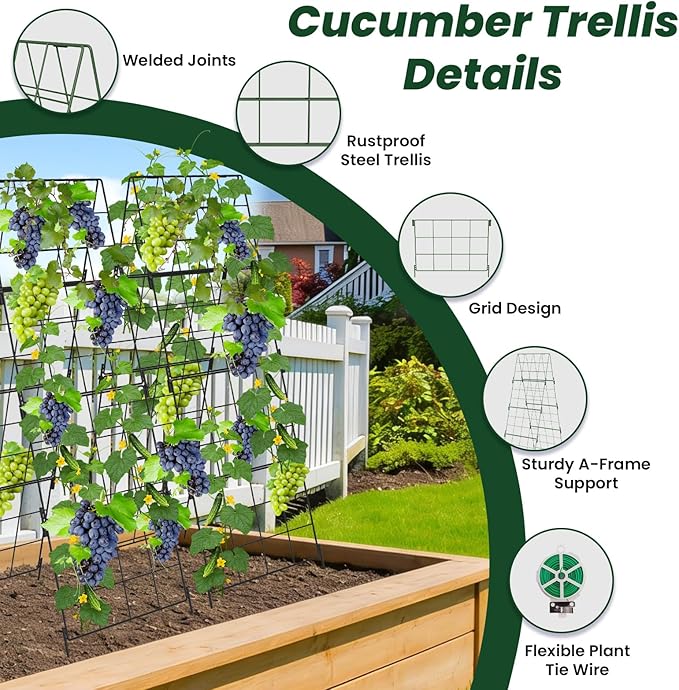 Adjustable A-Frame Trellis for Climbing Plants Outdoor, 48"x16" Cucumber Trellis for Raised Bed, Metal Garden Trellis with Grid Design, Tomato, Grape, Bean, Pea, Squash, Vegetable Trellis (Black)