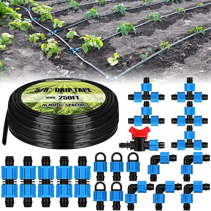 Tondiamo 250 ft 5/8 Inch Drip Tape Irrigation Tubing Kit 16 Mil 6" Spacing Hose Garden Landscape Irrigation System Automatic Equipment for Farms