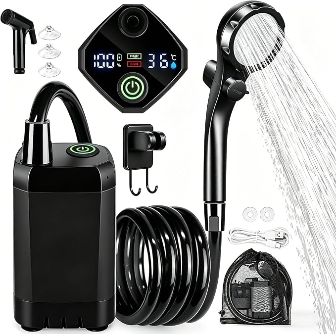 Smart Portable Shower Pump, Rechargeable 2400/6000mAh Battery Powered Outdoor Shower, IPX8 Waterproof, with Intelligent LED Display & 4 Spray Modes, for Outdoors, Camping (Type-B black)