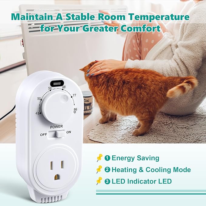Adjustable Thermostat, Plug in Heating and Cooling Thermostat Controlled Outlet, Compatible with Portable AC, Fans and Space Heaters(1 Pack,White)