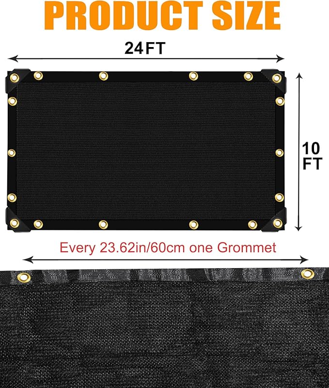 E.share 90%-95% Black Sun Shade Cloth 10FT x 24FT, Heavy Duty Outdoor Shade Netting with Reinforced Grommets, UV Resistant Breathable Fabric for Patio Garden Greenhouse Pergola Chicken Coop & Kennel