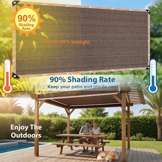 90% Sun Shade Cloth with Grommets, 6 x 12 FT Pergola Replacement Shade Cover Canopy Privacy Screen for Outdoor Patio Garden, Mocha