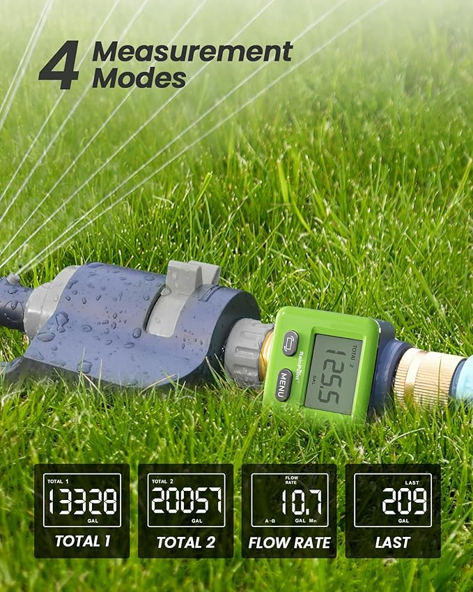 RAINPOINT Water Flow Meter, ±5% Accuracy, Pure Brass Inlet & Outlet Water Meter, 180° Screen-Flip, 4 Measure Modes for Outdoor Garden Hose, Lawn Sprinkler Watering, RV Water Tank Filling, Green