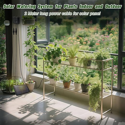 Solar Automatic Drip Irrigation Kit System, 12 Timer Settings Garden Irrigation System, Self Watering Devices for Plants, Raised Beds, Greenhouse, Travel, IP44 Waterproof (15 Pots)