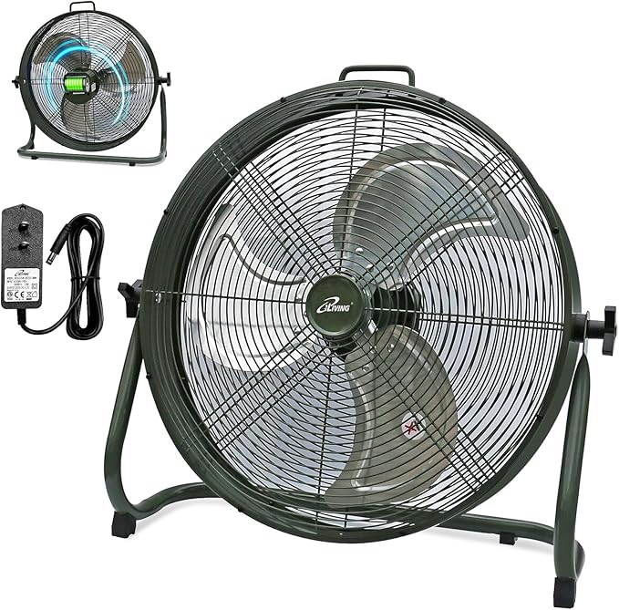 iLiving 18" Rechargeable Battery Operated Camping Floor Fan, High Velocity Portable Outdoor Fan with Metal Blade, With Built-in Lithium Battery for Whole Day Usage, 18 Inches, Military Green