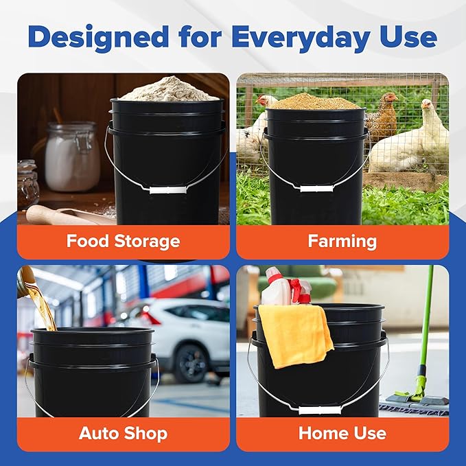 ePackageSupply 5 Gallon Bucket - Food Grade Bucket with Airtight Gamma Seal Screw-On Lid, BPA-Free, Heavy-Duty 90 Mil HDPE Plastic, Bulk Storage, Durable Container, Made in USA, Black/Orange, 3 Packs
