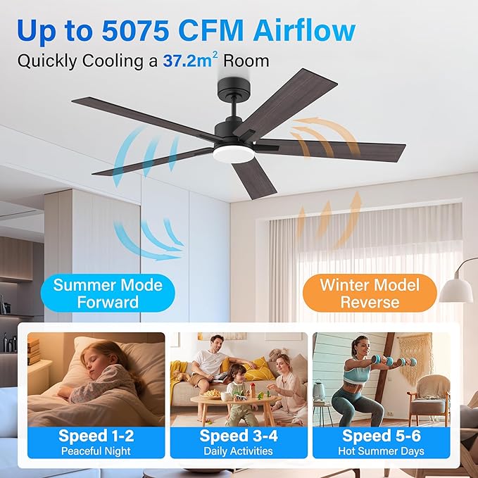 Lorpies 52” Smart Ceiling Fan with Lights Remote,Ultra Silent DC Motor,Control via Alexa Google Voice App Wifi,Outdoor Indoor Modern Ceiling Fans for Bedroom Patio Porch,Dimmable,Black Walnut Brown