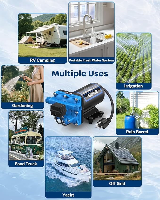 Kohree 110V AC Water Pressure Pump, 5.5GPM 55 PSI, On Demand Self-priming RV Fresh Water Pump, 4-Chamber Diaphragm Pump with Pressure Switch and Strainer for RV, Marine, Garden, Kitchen, Bathroom