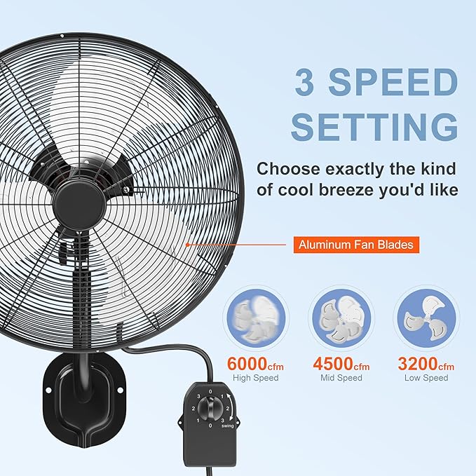 MEPTY 18" Wall Mount Fan, Heavy Duty Industrial Wall Fan, High Velocity Oscillating Fans with 3 Speeds for Patio, Shop, Greenhouse, Garage, Commercial, Household use