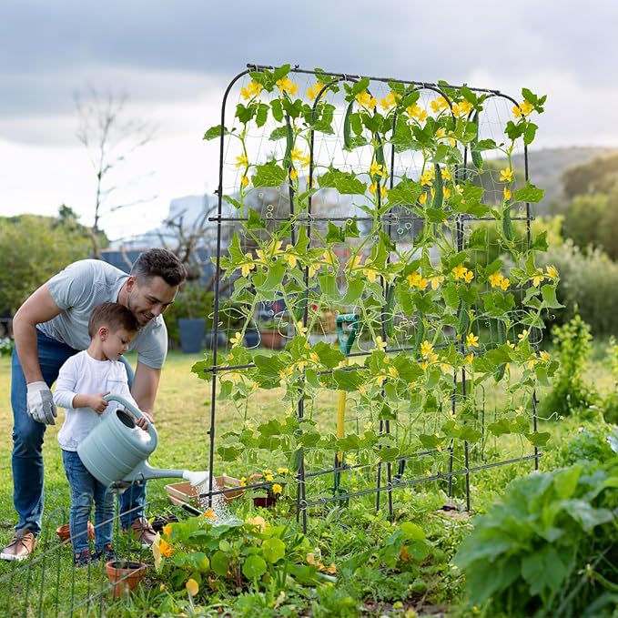 71" x 71" Cucumber Trellis for Raised Bed, Garden Arch Trellis Metal Plant Support Frame with Netting, Sure-Clips & Ground Stakes, U-Shaped Garden Trellis for Climbing Plants Outdoor