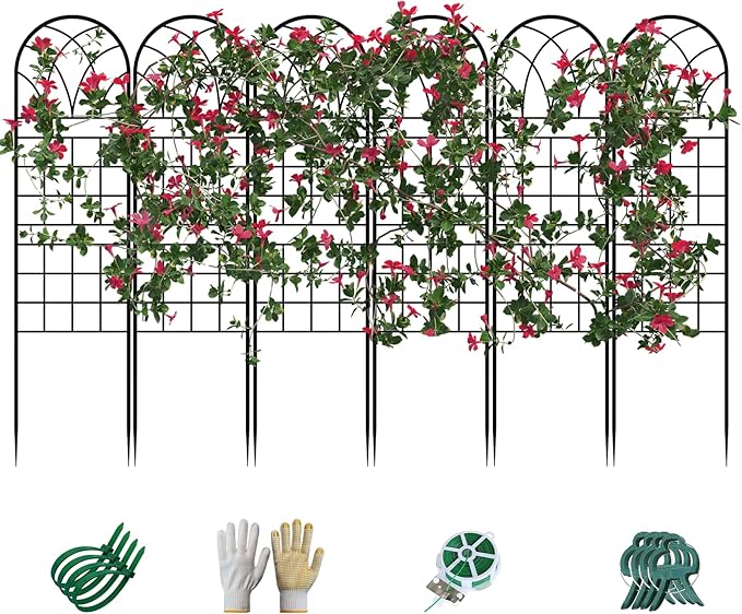 Garden Trellis for Climbing Plants, 6 Pack 75.6" Wx 64.6" H Rustproof Flower Trellis with Black Coating, Outdoor Climbing Rose Trellis Cucumbers Support for Courtyards Lawns (Square Grid, 6 Pieces)
