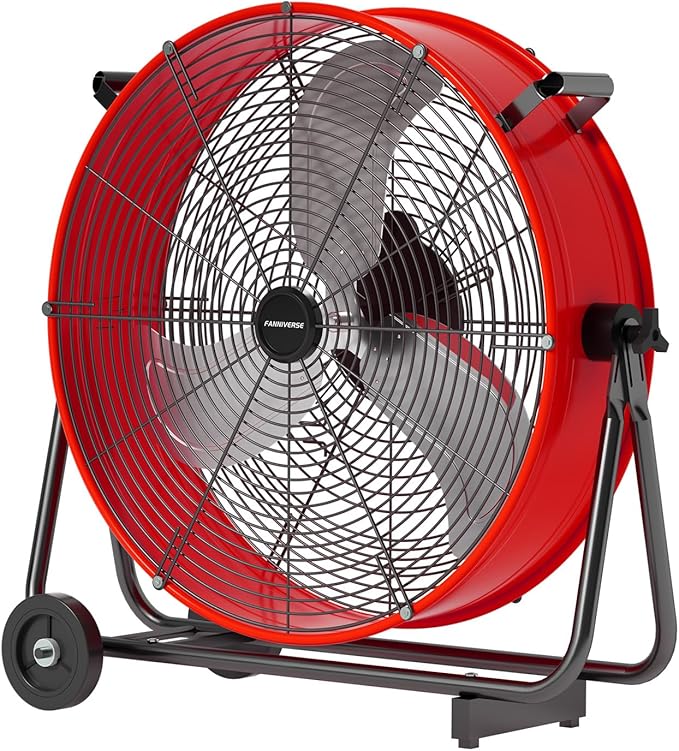 24 Inch Industrial Drum Fan 8800 CFM High Velocity Floor Fan for Garage, Warehouse & Workshop - 3-Speed Heavy Duty Metal Fan with 360° Tilt, Wheels & UL Safety Listed