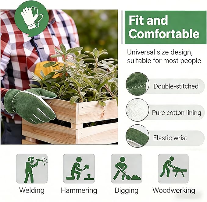 Leather Work Gloves for Men & Women, Cowhide Gardening Gloves, Reinforced Durable, Puncture Resistant & Cut Resistant Work Gloves